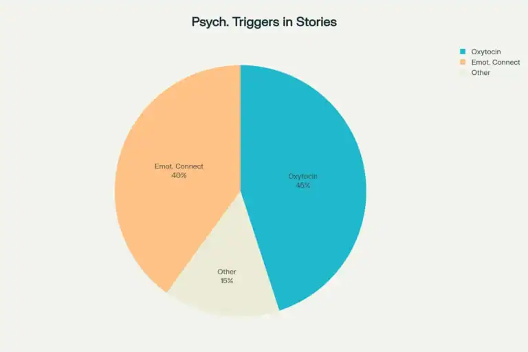 Pie chart of psych triggers in stories: Oxytocin (45%), Emotional Connection (40%), Other (15%).